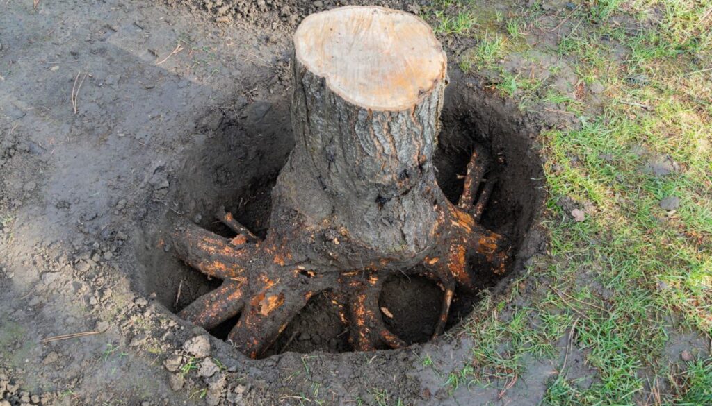 View of a tree stump with roots which needs stump removal services from Johnson Ops Treecare.