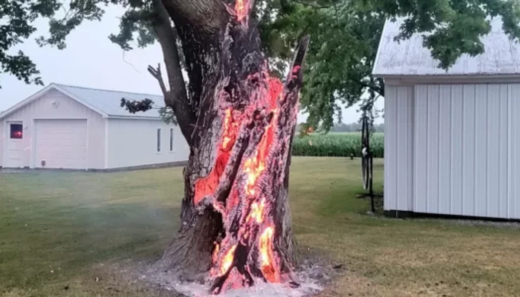 What actions should you take if lightning strikes a tree in your yard?
